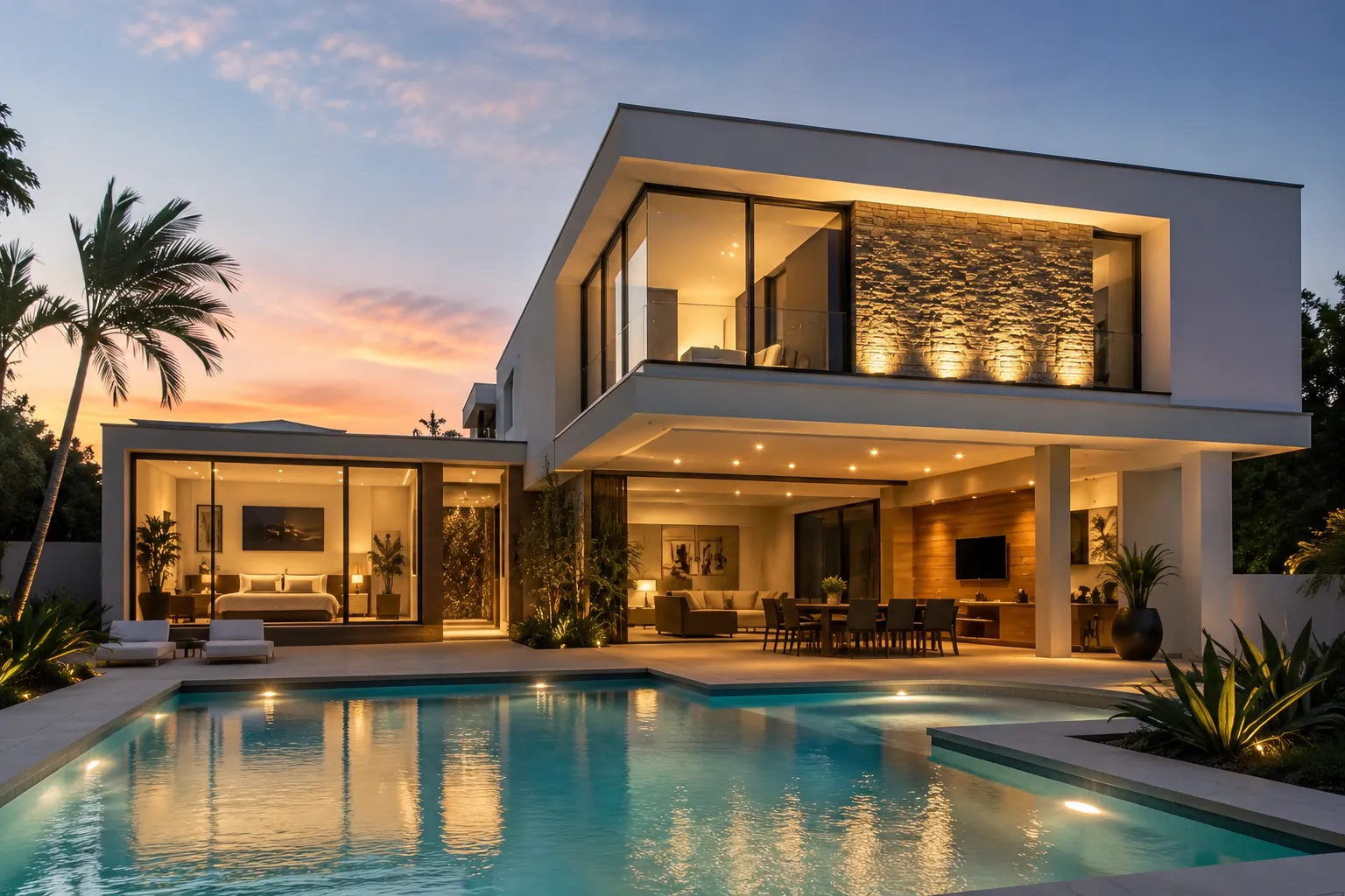 Modern two-story home lit at dusk beside a pool in Guanacaste, Costa Rica